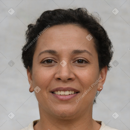 Joyful white adult female with short  brown hair and brown eyes