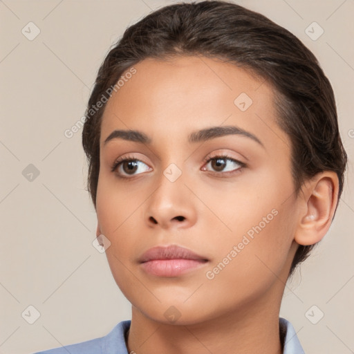 Neutral white young-adult female with medium  brown hair and brown eyes