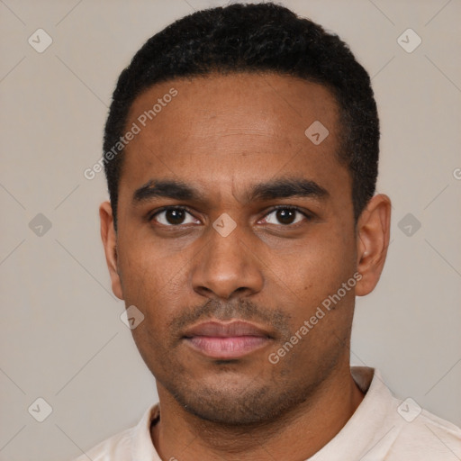 Neutral latino young-adult male with short  black hair and brown eyes