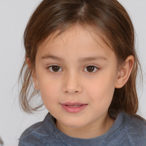 Joyful white child female with medium  brown hair and brown eyes