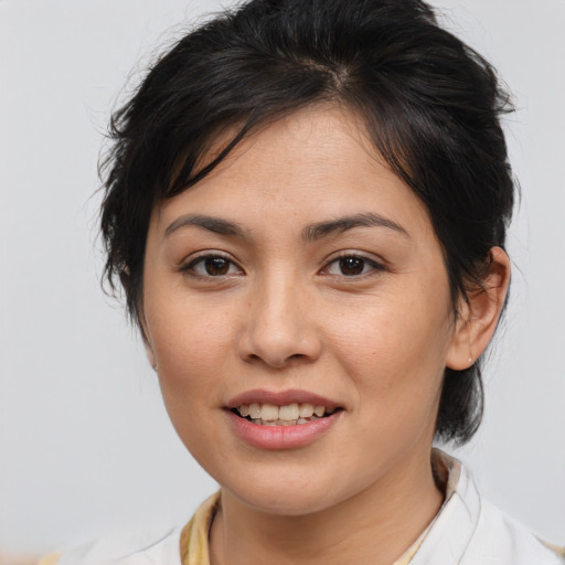 Joyful white young-adult female with medium  brown hair and brown eyes