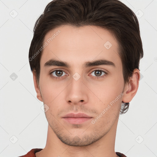 Neutral white young-adult male with short  brown hair and brown eyes