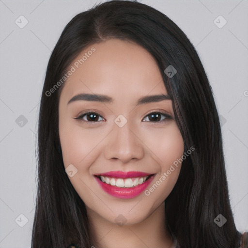 Joyful white young-adult female with long  black hair and brown eyes