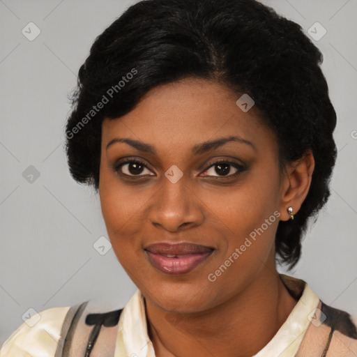 Joyful latino young-adult female with short  black hair and brown eyes