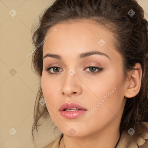 Neutral white young-adult female with long  brown hair and brown eyes