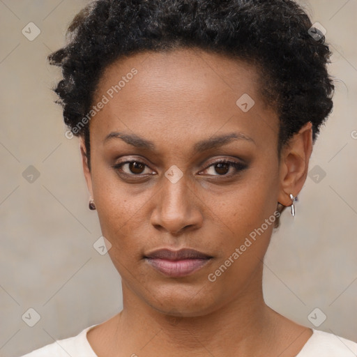 Neutral black young-adult female with short  brown hair and brown eyes