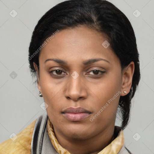 Neutral latino young-adult female with short  brown hair and brown eyes