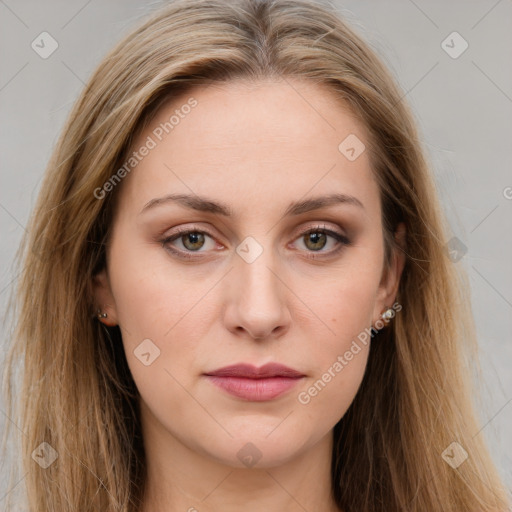 Joyful white young-adult female with long  brown hair and green eyes