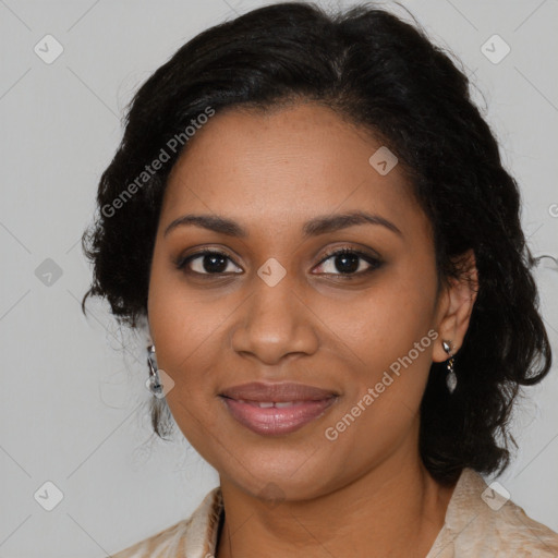 Joyful black young-adult female with medium  brown hair and brown eyes