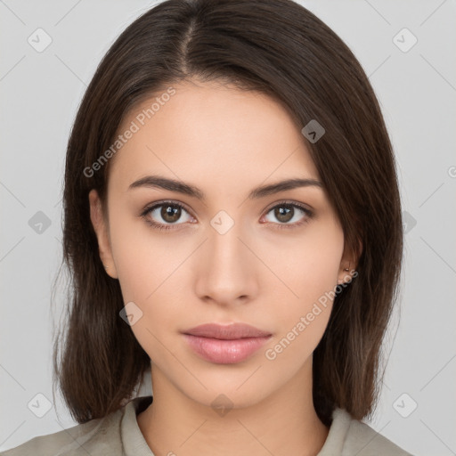 Neutral white young-adult female with medium  brown hair and brown eyes