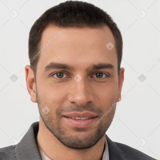 Joyful white young-adult male with short  brown hair and brown eyes