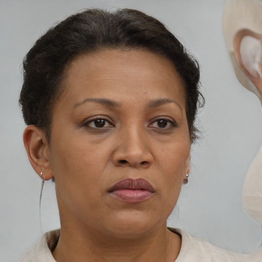 Joyful black adult female with short  brown hair and brown eyes