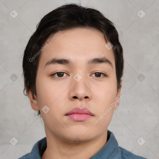 Neutral asian young-adult male with short  brown hair and brown eyes