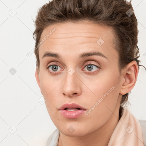 Neutral white young-adult female with short  brown hair and brown eyes