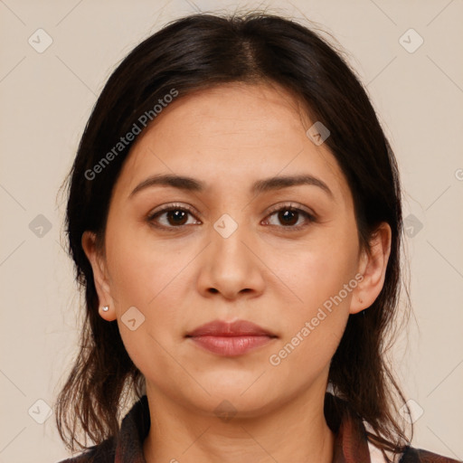 Neutral white young-adult female with medium  brown hair and brown eyes