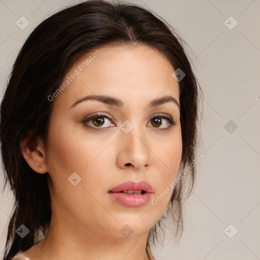 Neutral white young-adult female with medium  brown hair and brown eyes