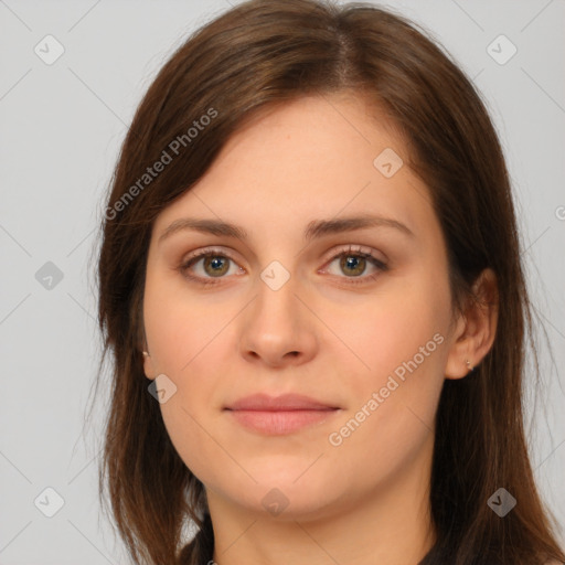 Neutral white young-adult female with long  brown hair and brown eyes