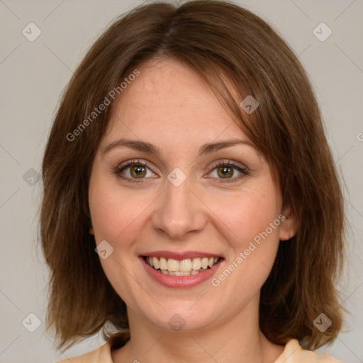 Joyful white young-adult female with medium  brown hair and green eyes