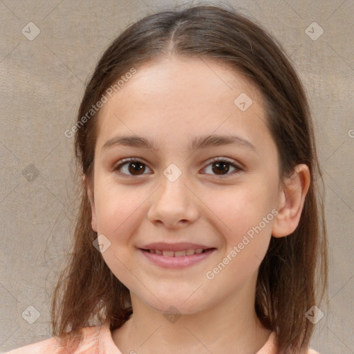 Joyful white child female with medium  brown hair and brown eyes