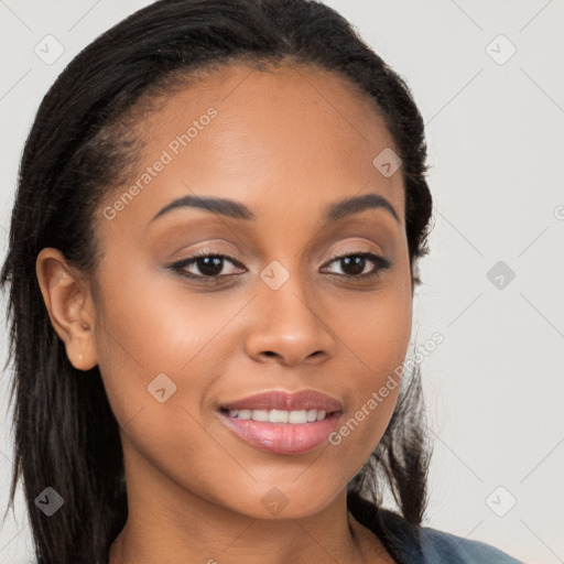 Joyful latino young-adult female with long  brown hair and brown eyes