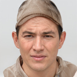 Joyful white adult male with short  brown hair and grey eyes