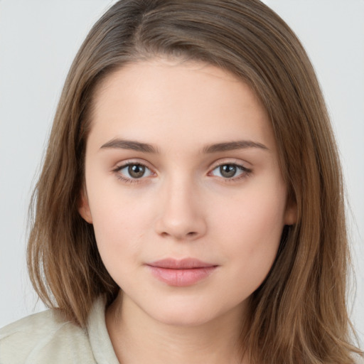 Neutral white young-adult female with medium  brown hair and brown eyes