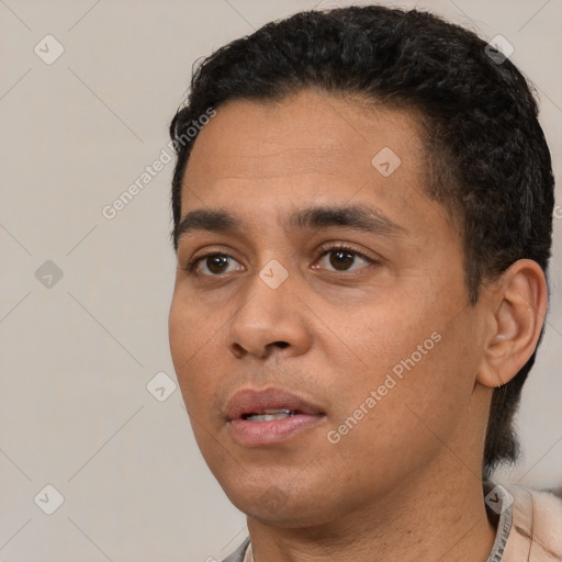 Neutral white young-adult male with short  black hair and brown eyes
