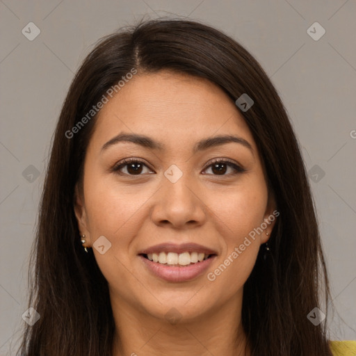 Joyful white young-adult female with long  brown hair and brown eyes