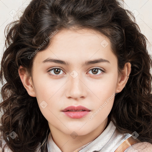 Neutral white young-adult female with long  brown hair and brown eyes