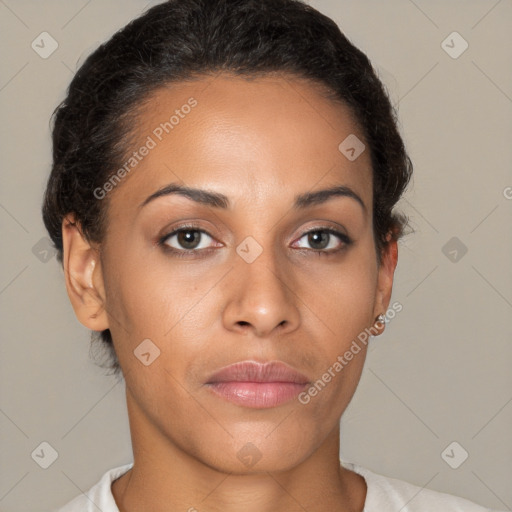 Joyful latino young-adult female with short  brown hair and brown eyes