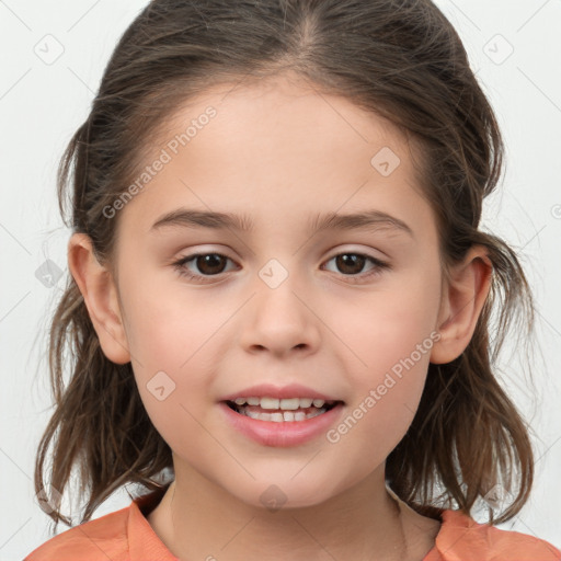 Joyful white child female with medium  brown hair and brown eyes