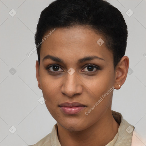 Joyful latino young-adult female with short  brown hair and brown eyes