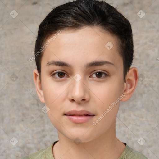 Neutral white young-adult female with short  brown hair and brown eyes