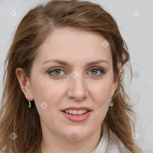 Joyful white young-adult female with long  brown hair and green eyes