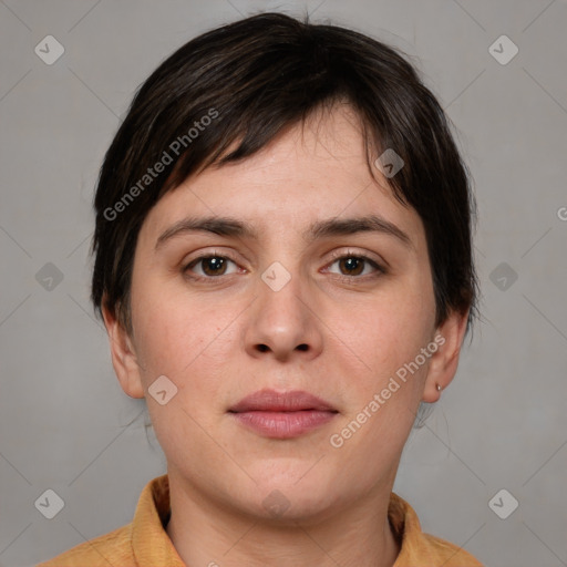 Neutral white young-adult female with medium  brown hair and brown eyes