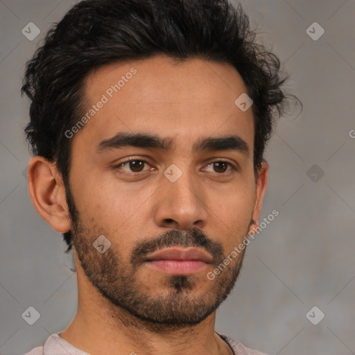 Neutral latino young-adult male with short  black hair and brown eyes