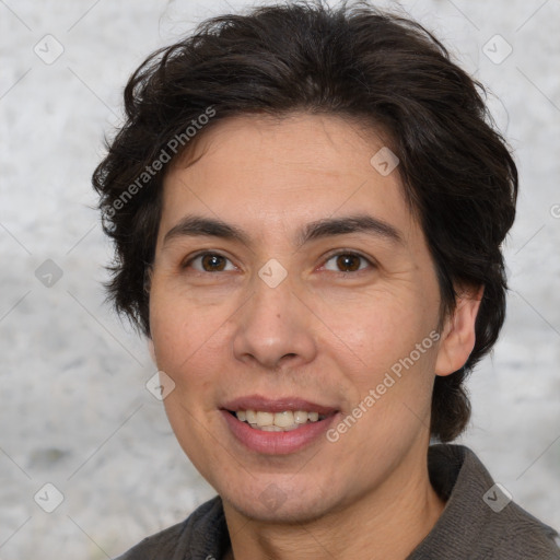 Joyful white adult female with medium  brown hair and brown eyes