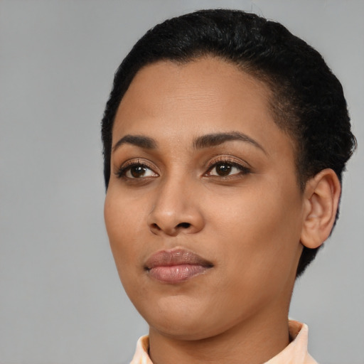 Neutral black young-adult female with short  black hair and brown eyes
