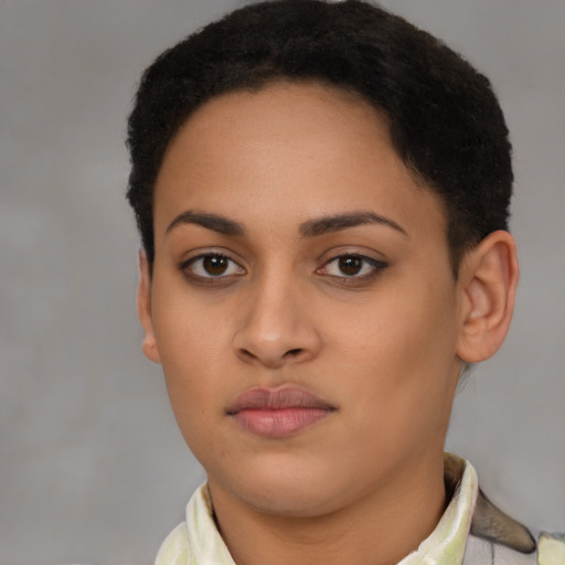 Neutral latino young-adult female with short  brown hair and brown eyes