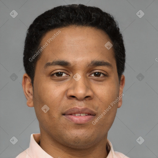 Joyful latino young-adult male with short  brown hair and brown eyes