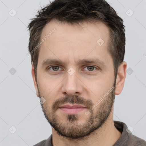 Neutral white young-adult male with short  brown hair and brown eyes