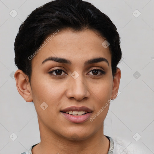 Joyful latino young-adult female with short  brown hair and brown eyes