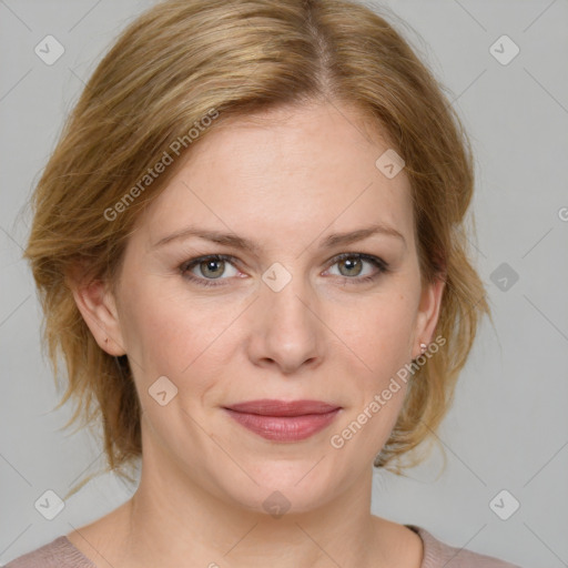 Joyful white young-adult female with medium  brown hair and blue eyes