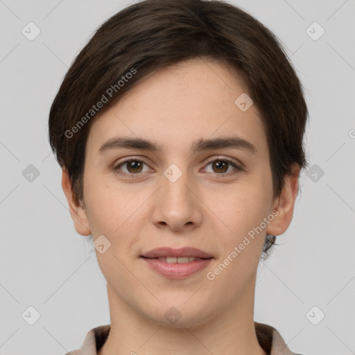 Joyful white young-adult female with short  brown hair and brown eyes