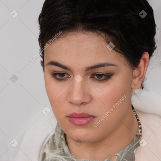 Neutral white young-adult female with short  brown hair and brown eyes