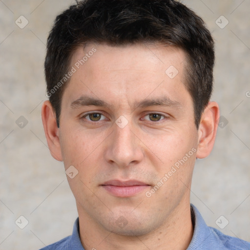 Neutral white young-adult male with short  brown hair and brown eyes