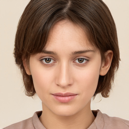 Neutral white young-adult female with medium  brown hair and brown eyes