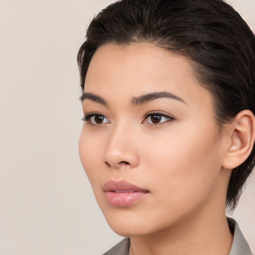 Neutral white young-adult female with medium  brown hair and brown eyes