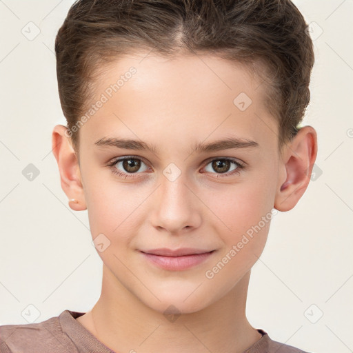 Joyful white child female with short  brown hair and brown eyes