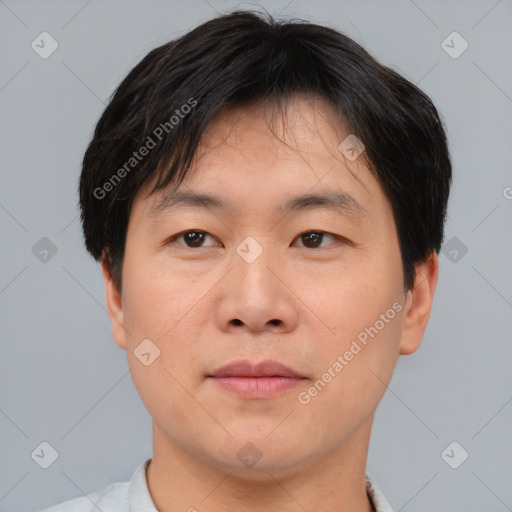 Joyful asian adult male with short  brown hair and brown eyes